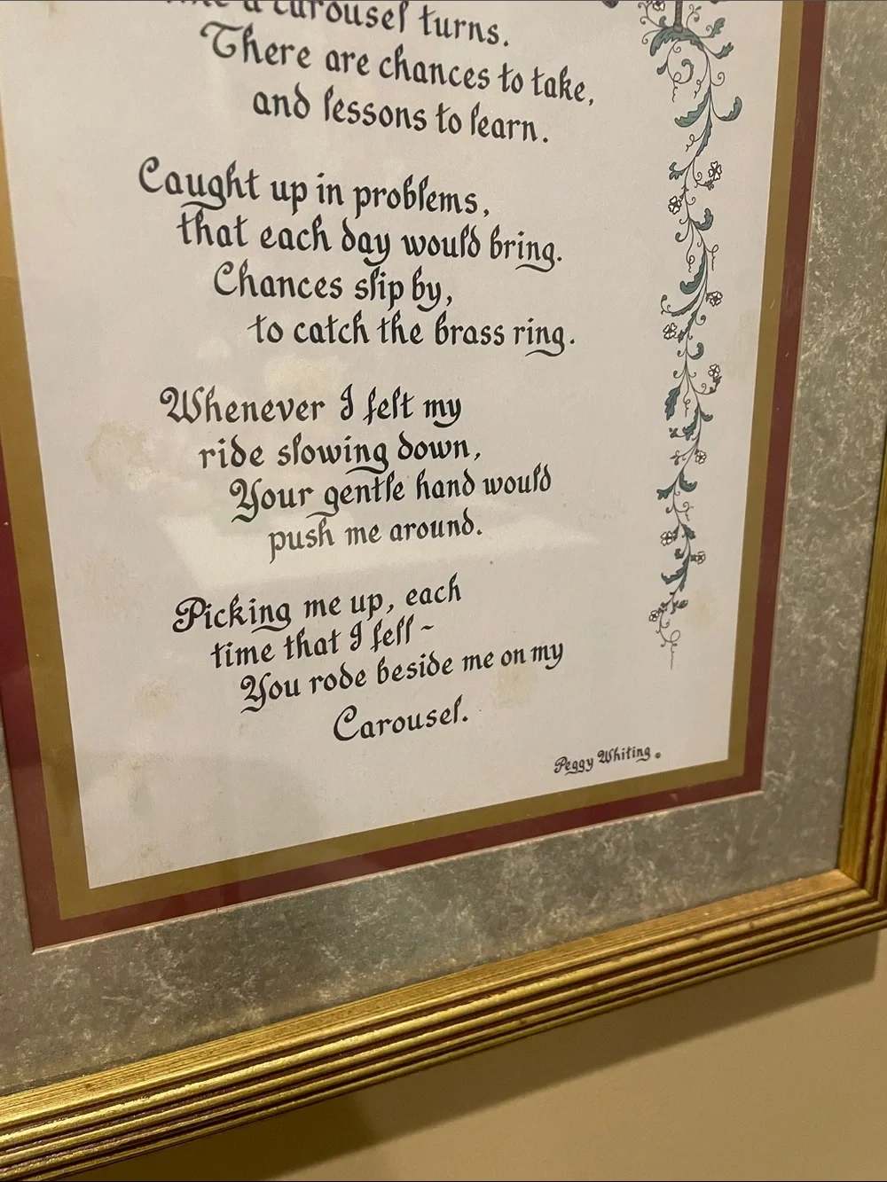 Framed Carousel Poem Wall Art - Gold Frame, Maroon & gold Mat